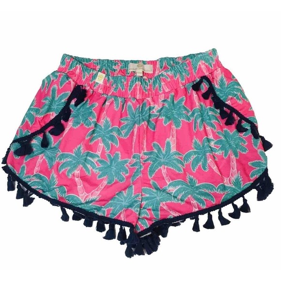 Simply Southern Pants - Simply Southern Womens SM Pink Green Palm Tree Navy Tassel Shorts Beach NEW